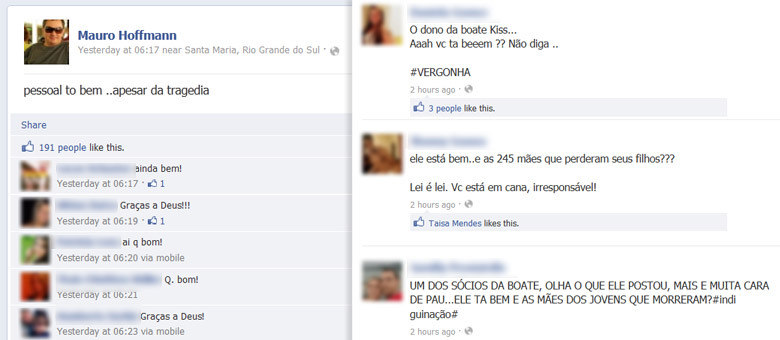 Post do sócio da boate expressando alívio, em seu perfil no Facebook, foi malvisto por internautas
