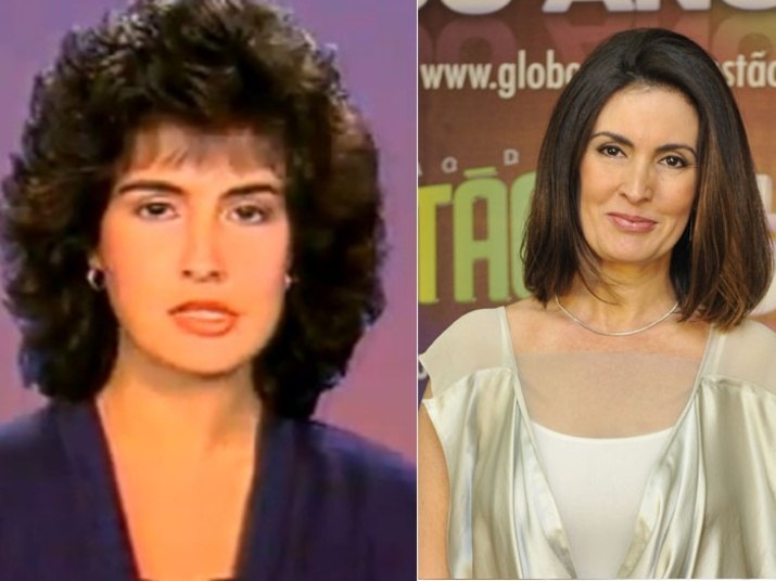 Fátima Bernardes tinha os cabelos mais escuros, crespos e as bochechas um pouco mais arredondadas do que atualmente