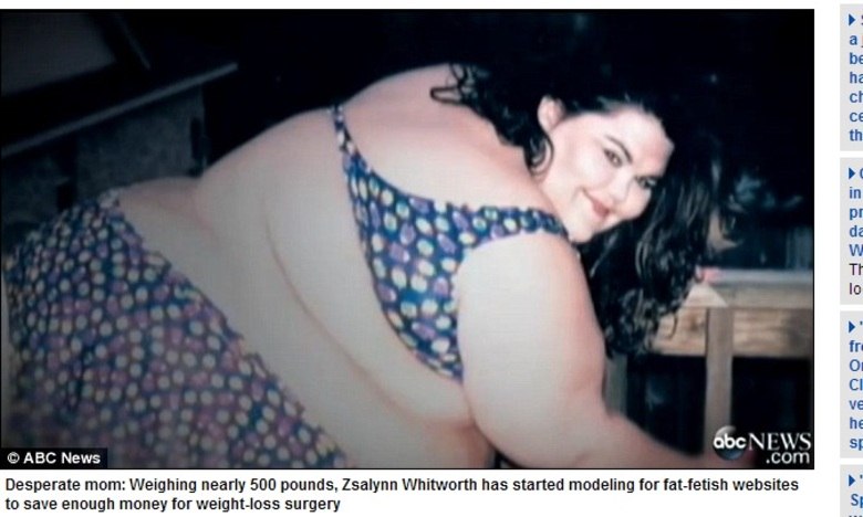 Desesperada para tentar levantar dinheiro para pagar uma cirurgia de redução de estômago, Zsalynn Whitworth, que pesa 226 kg, começou a fazer fotos sensuais para sites. A informação é do Daily Mail desta sexta-feira (14)