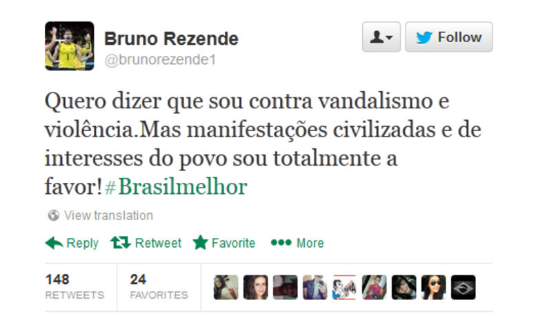 

O
levantador da seleção brasileira de vôlei Bruno Rezende se declarou contra os
atos de vandalismo, mas a favor das manifestaçõesR7 elege seleção da primeira rodada da Copa das Confederações. Confira os escolhidos