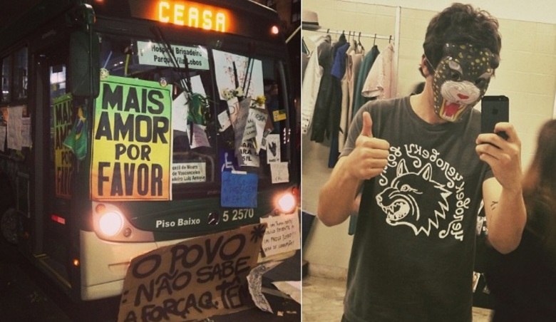 Chay Suede participou das manifestações que aconteceram nesta segunda-feira (18) em São Paulo contra o aumento dos preços do transporte público. Ele publicou fotos do que viu pelas ruas em sua página do Instagram e escreveu.— Parece uma pantera, mas é uma máscara de gás 