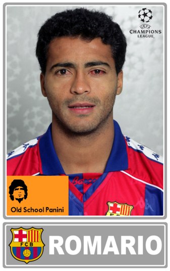 Romário também possui figurinhas curiosas em seu currículo, como esta, dos tempos que jogou no Barcelona, logo após a Copa de 1994. Chama a atenção os olhos vermelhos do atacante, provavelmente oriundos de alguma alergia