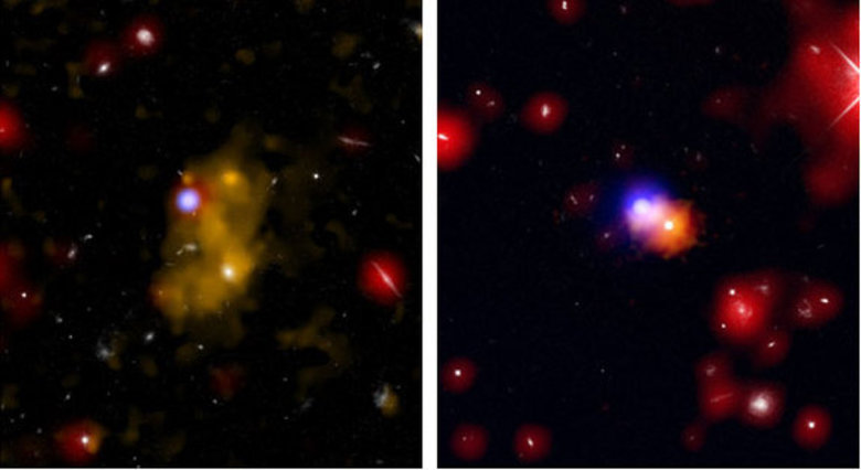 No lado esquerdo, é possível visualizar uma bolha de gás hidrogênio que aparece na cor amarela. Já no outro lado, direito, a luz azul é um buraco negro em crescimento