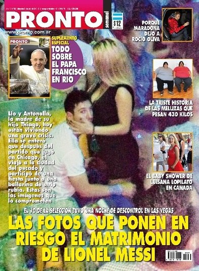De acordo com uma publicação da revista argentina Pronto, o melhor jogador do mundo estaria passando 
por uma crise em seu relacionamento com Antonella, mulher do craque, e por isso, 
em uma viagem para um evento que aconteceu em Las Vegas, o atleta do Barcelona teria 
participado de uma “festinha” com algumas strippers, o que poderia comprometer a carreira do atacante. A imagem do jogador na balada teria gerado algumas críticas e dúvidas. Entretanto, o editor da revista argentina 
informou que a foto é verdadeira