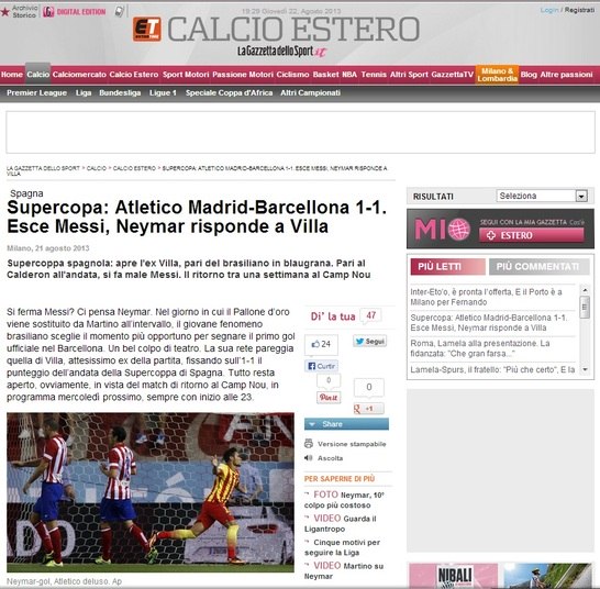 O italiano, La Gazzetta dello Sport também falou sobre a decisão da Supercopa, e o gol do brasileiro