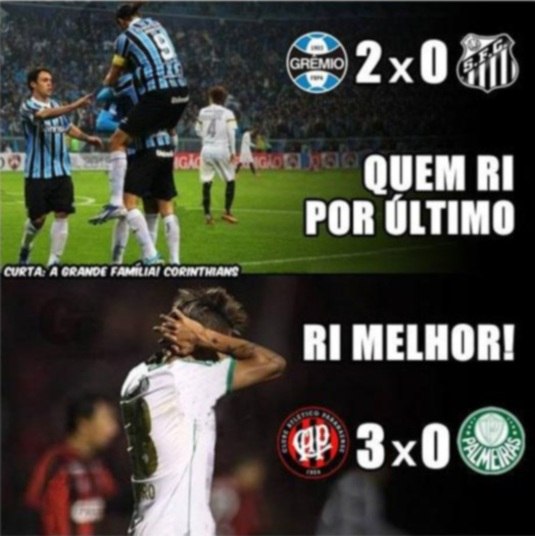 

O Palmeiras perdeu para o Atlético-PR por 3 a 0, no Durival
de Brito, e foi eliminado da Copa do Brasil. No Sul, o Santos também deixou a
competição ao ser derrotado por 2 a 0 para o Grêmio

