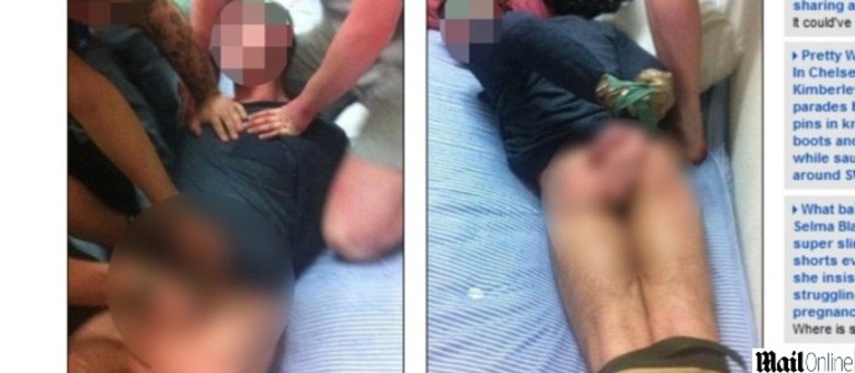 À esq. militares colocam fita isolante na genitália do recruta. À dir. o jovem tenta se proteger, sem sucesso, das fotos