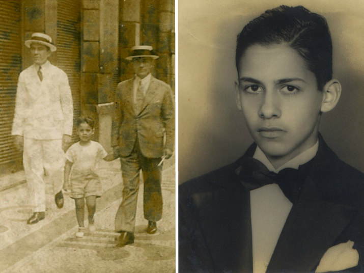 O ex-presidente Fernando Henrique Cardoso aparece em dois momentos nas fotos acima. Na primeira delas, o pequeno tucano caminha com o pai em meados da década de 1930. A fotografia seguinte foi tirada em 1945, para marcar a formatura ginasial do jovem