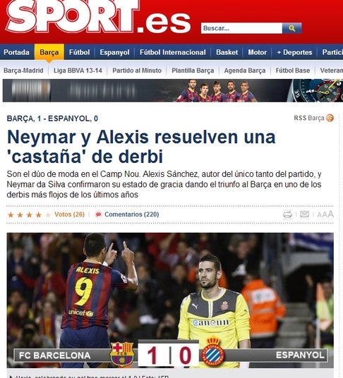 Na edição online do diário Sport, Neymar dividiu o espaço nas manchetes como o chileno Alexis Sánchez