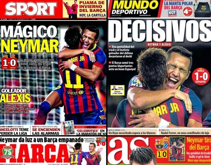 Na última sexta-feira (1º), o Barcelona não fez uma boa partida, mas venceu o Espanyol por 1 a 0 no clássico da Catalunha e mais uma vez Neymar ganhou as manchetes dos jornais espanhóis que se desdobraram para exaltar o talento do brasileiro, autor de um passe lindo para o gol de Sánchez