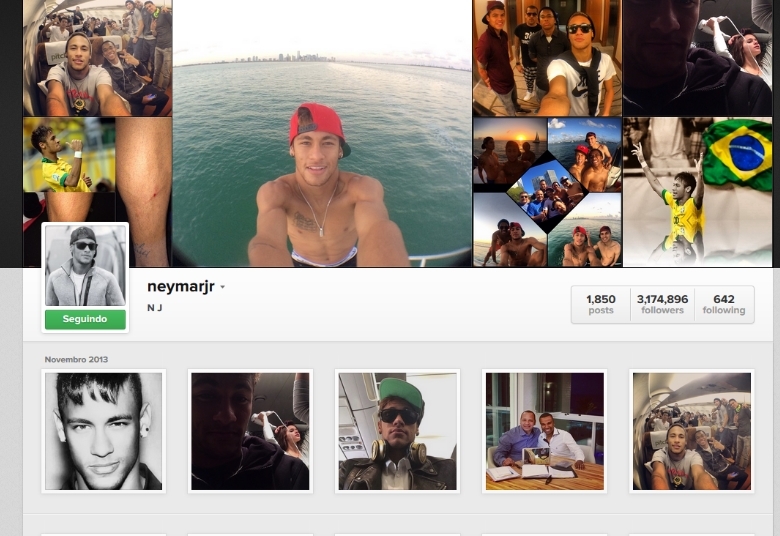 Neymar tem mais de três milhões de seguidores no Instagram em sua conta aberta: @neymarjr. Nela, o jogador do Barcelona divide momentos de sua rotina e posta fotos da namorada, Bruna Marquezine, dos seus amigos, dos bastidores do clube catalão, da família e muito mais