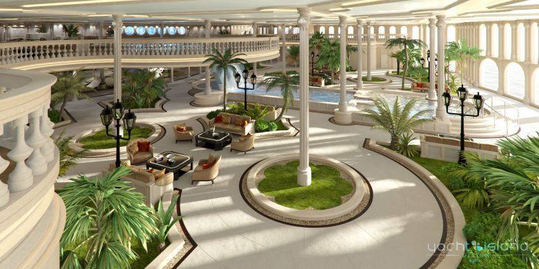 O interior do iate-Mônaco é um luxo. A foto acima mostra o que os designers chamam de 'Oasis', um jardim externo parecido com o 
Casino de Mônaco. com cascata e piscina. Com 155 metros de comprimento, o iate comporta 16 convidados e 
precisa de uma tripulação de 70 pessoas para navegar