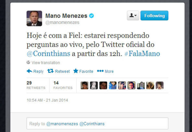 O técnico do Corinthians, Mano Menezes, anunciou que responderia perguntas dos torcedores nesta terça (21) através do Twitter. Depois de acertar o horário, todos foram instruídos a fazer suas perguntas usando a hashtag '#FalaMano'