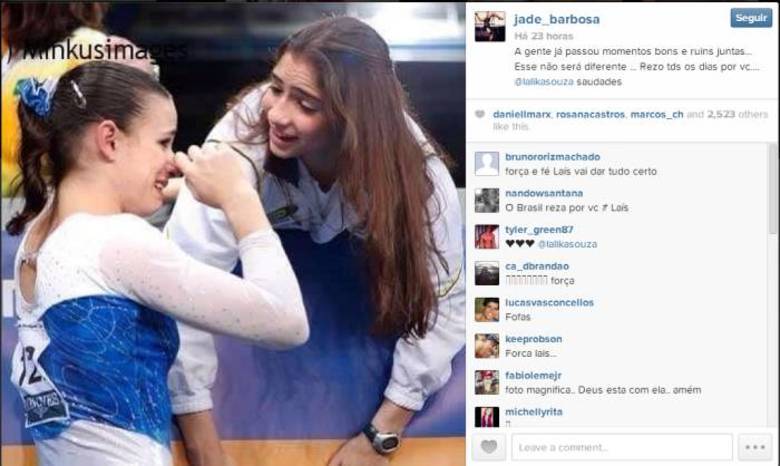 Na tarde desta sexta-feira (7), a ginasta Jade Barbosa homenageou a amiga e ex-companheira, Lais Souza, em seu perfil no Instagram, com uma foto das duas juntas, relembrando os momentos de competição que passaram juntas:—&nbsp;A gente já passou momentos bons e ruins juntas... Esse não será diferente ... Rezo tds os dias por vc.... @lalikasouza saudades