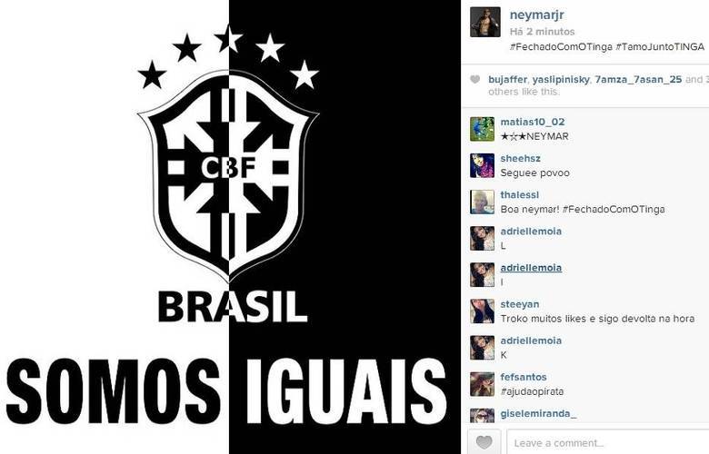 Vários craques mostraram solidariedade com Tinga, inclusive Neymar, que utilizou uma imagem divulgada pela CBF para apoiar a campanha 'FechadocomoTinga' Vários craques mostraram solidariedade com Tinga, inclusive Neymar, que utilizou uma imagem divulgada pela CBF para apoiar a campanha 'FechadocomoTinga'