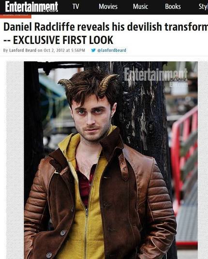 Estava com saudade de Daniel Radcliffe? Logo mais ele estará de novo nas telonas e com um filme bem macabro chamado Horns, algo como Chifres. Ele vive um garoto que, depois de uma noite de muita festa, acorda como na foto acima, com duas coisas na cabeça que parecem, justamente, chifres. O filme ainda não tem data para chegar ao Brasil, mas deve estrear ainda este ano