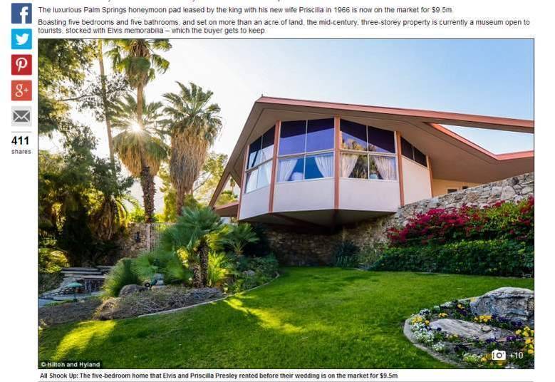 Os fãs endinheirados de Elvis Presley têm uma chance de ficar mais perto do ídolo. A luxuosa casa onde o 'rei do rock' passou sua lua de mel está à venda nos Estados Unidos.O problema, no entanto, é o preço. Para levar essa residência, que fica em Palm Springs, na Califórnia, os compradores terão que desembolsar cerca de R$ 21,2 milhões (US$ 9,5 milhões).Veja mais nas imagens a seguir