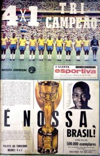 Um dos jogos mais badalados da história foi a goleada do Brasil por 4 x 1 sobre a Itália, em 21 de junho de 1970, quando a seleção canarinho se sagrou tricampeã. O jogo começou equilibrado, com gols de Pelé e Boninsegna, mas, no segundo tempo, o Brasil deslanchou e fez três gols, com Gérson, Jairzinho e Carlos Alberto Torres. 'Eu pensei: 'Ele é feito de carne e osso como eu.' Eu me enganei', disse o zagueiro Tarcísio Burnich sobre Pelé. Um dos jogos mais badalados da história foi a goleada do Brasil por 4 x 1 sobre a Itália, em 21 de junho de 1970, quando a seleção canarinho se sagrou tricampeã. O jogo começou equilibrado, com gols de Pelé e Boninsegna, mas, no segundo tempo, o Brasil deslanchou e fez três gols, com Gérson, Jairzinho e Carlos Alberto Torres. 'Eu pensei: 'Ele é feito de carne e osso como eu.' Eu me enganei', disse o zagueiro Tarcísio Burnich sobre Pelé.