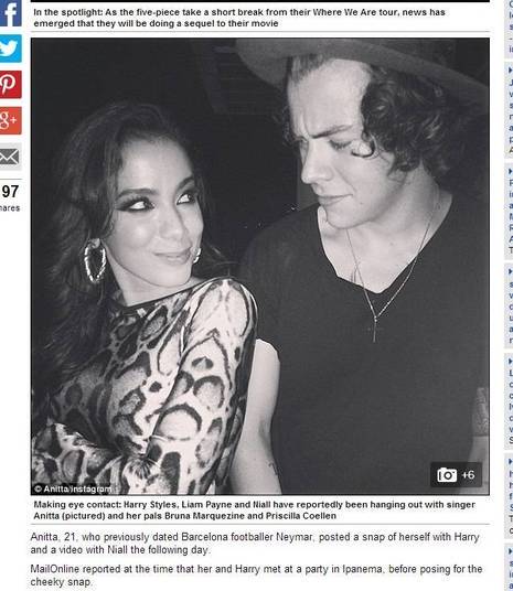 Anitta também foi colocada no centro de boatos por conta do One Direction. É que a funkeira fez muita festa com a banda inglesa, tirou fotos, gravou vídeos e até foi elogia por eles. A foto da cantora brasileira com Harry Styles e Niall Horan chegou a parar em jornais internacionais. Rolou ou não rolou?