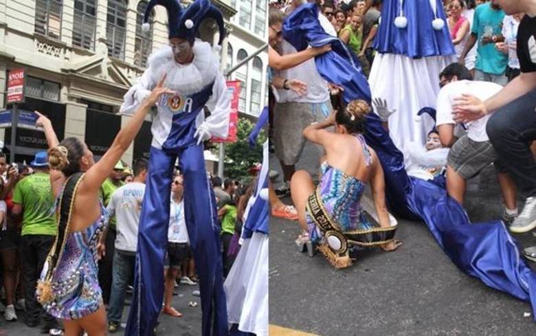 Lia Khey foi outra famosa que 'beijou o chão' no Carnaval. O tombo aconteceu em 2012, enquanto a ex-BBB desfilava no bloco da Preta Gil, que embalou foliões do Rio de Janeiro