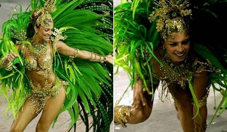 Grazi Massafera também teve seu dia. A atriz escorregou feio durante o desfile da Acadêmicos da Grande Rio, em 2007. Na época, a ex-mulher de Cauã Reymond era rainha de bateria da escola