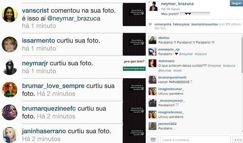 E a campanha de um dos perfis de fãs na web ganhou o apoio de Neymar. O craque curtiu o post em que as neymarzetes perguntavam: 'Pra que isso? #assumelogobrumar'. A curtida do atacante na imagem levou as fãs ao delírio