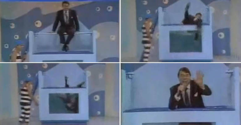 No programa Toda Tudo por Dinheiro, de 1992, Silvio Santos se deu mal! O apresentador caiu dentro de um tanque de água depois que a tábua onde ele estava sentado se quebrou No programa Toda Tudo por Dinheiro, de 1992, Silvio Santos se deu mal! O apresentador caiu dentro de um tanque de água depois que a tábua onde ele estava sentado se quebrou