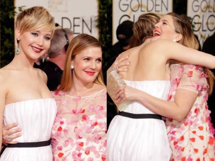 Jennifer Lawrence e Drew BarrymoreNinguém sabia que as duas eram tão amigas até Jennifer abraçar Drew durante o Golden Globes deste ano