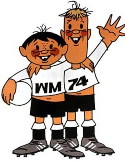 Em 1974, as mascotes foram a dupla
Tip e Tap, dois meninos com o uniforme da seleção da Alemanha Ocidental