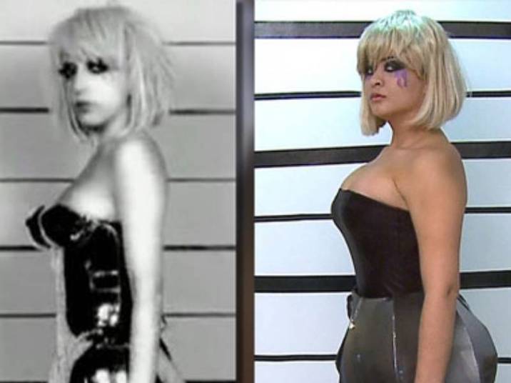 Geisy Arruda como Lady GagaOutra 'makeover' que Geisy encarou foi como a cantora pop. O tipo físico não ajudou, mas ela se esforçou para manter a pose