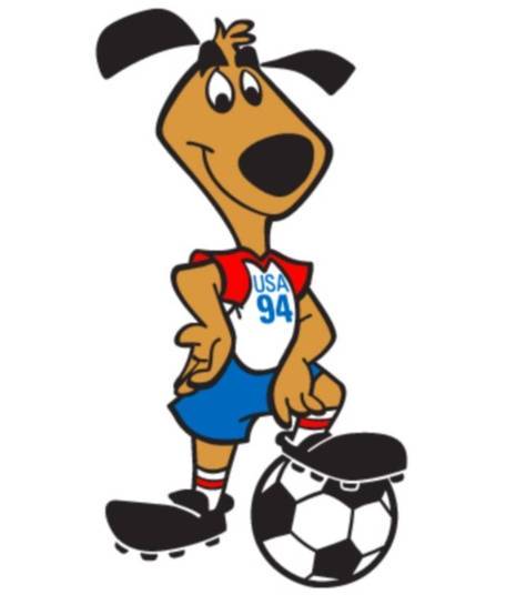 A mascote escolhida para a copa de 1994 nos Estados Unidos foi um cão. O Striker vestia-se com as cores da
bandeira do país
