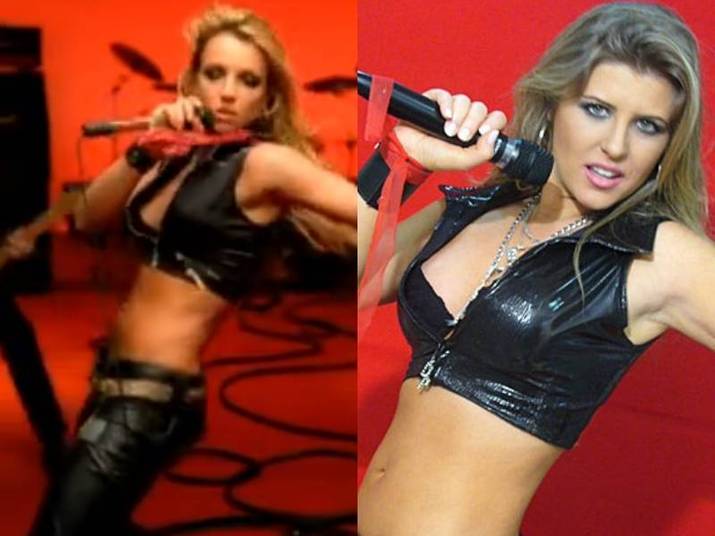 Iris Stefanelli como Britney SpearsFicou por conta da ex-BBB encarnar a loirinha pop no clipe I Love Rock'n Roll. Saudades expressão facial 