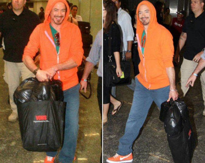 Quando desembarcou no Brasil, Robert Downey Jr. até que tentou não ser reconhecido. E escolheu um moletom com capuz para disfarçar Quando desembarcou no Brasil, Robert Downey Jr. até que tentou não ser reconhecido. E escolheu um moletom com capuz para disfarçar