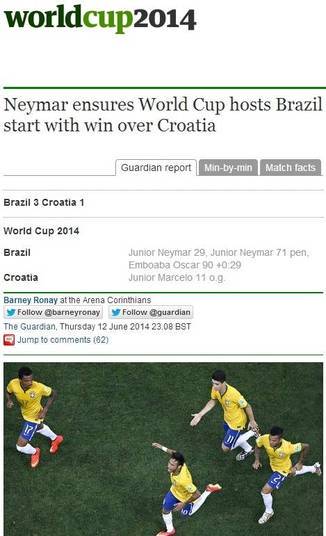 Para o jornal imglês The
Guardian, Neymar garantiu que o anfitrião Brasil começasse a Copa do Mundo com vitória