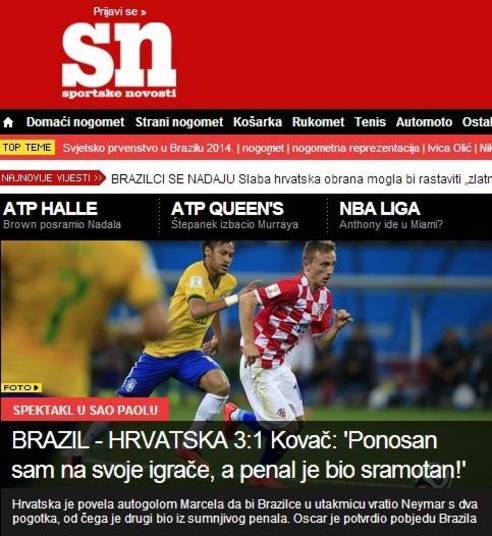 Na Croácia o Sportske Novosti
destacou a declaração do técnico Niko Kovac, que chamou o pênalti de 'vergonhoso'