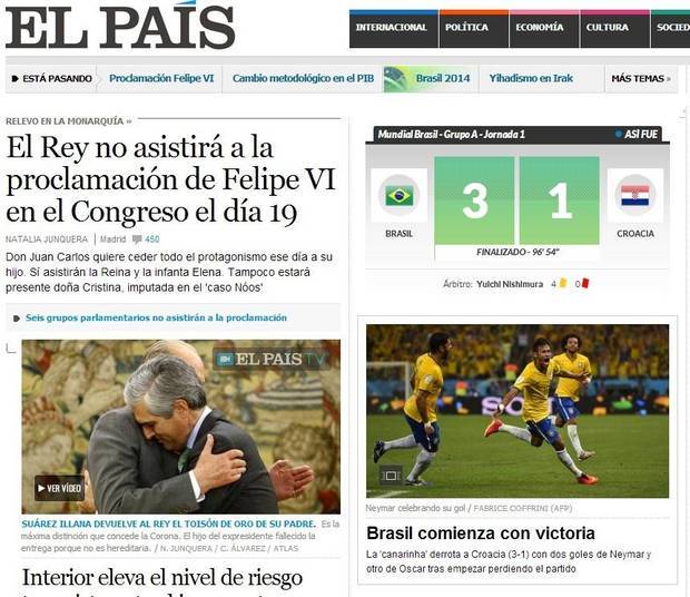 O jornal espanhol El Pais
destacou a virada do Brasil, que saiu atrás do placar no jogo desta
quinta-feira (12)