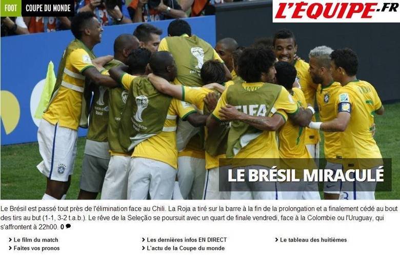 O L'equipe, da França, tratou a classificação da seleção brasileira como um milagre