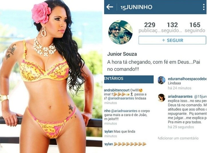 Assim como a cantora Simony, que na quinta-feira (24) bateu
boca com um usuário na rede social em defesa da filha, a ex-BBB
Ariadna Arantes não é também de levar desaforo para casa. Nesta sexta (25), a modelo
transexual compartilhou foto em que aparece de vestida de biquíni e recebeu uma crítica. O usuário provocava dizendo que, apesar do corpo bonito, tinha cara de homem. — O corpo até engana mais [sic] a cara é de João, não tem
jeito — comentou um internauta.Revoltada com a mensagem, Ariadna rebateu.

           

— Me explica isso... no seu perfil vc diz  que Deus está no comando. Mas tem atitudes
que aos olhos do pai é repugnante. Pq somente a ele cabe me julgar... me
explica por favor? Pra mim e para todos