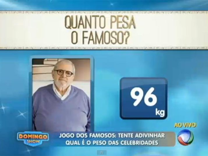Nem Geraldo Luís acreditou que o apresentador Jô Soares está pesando 96 kg+ Aproveite e confira as matérias do programa Domingo Show+ Já curtiu a página do Domingo Show no Facebook? É só clicar!+ Siga o Domingo Show no Twitter e receba todas as notícias do programa