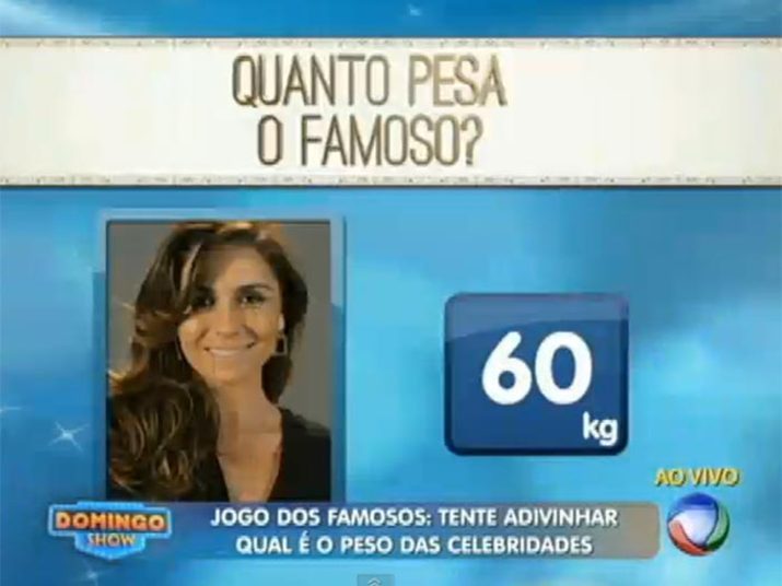 A atriz Giovanna Antonelli pesa nada mais, nada menos que 60 kg+ Aproveite e confira as matérias do programa Domingo Show+ Já curtiu a página do Domingo Show no Facebook? É só clicar!+ Siga o Domingo Show no Twitter e receba todas as notícias do programa