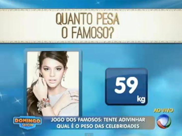 Por fim, o game show de Geraldo Luís revelou que Bruna Marquezine, a namorada de Neymar, pesa 59 kg+ Aproveite e confira as matérias do programa Domingo Show+ Já curtiu a página do Domingo Show no Facebook? É só clicar!+ Siga o Domingo Show no Twitter e receba todas as notícias do programa