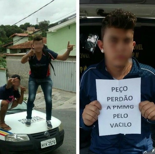 Dois jovens protagonizaram uma polêmica com a Polícia Militar em Belo Horizonte. A dupla, de 16 e 18 anos, postou uma foto 'tirando onda' em cima de uma viatura da corporação. O registro, feito em frente a escola municipal onde estudam, acabou viralizando nas redes sociais e terminou com um pedido de desculpas pelo 'vacilo'