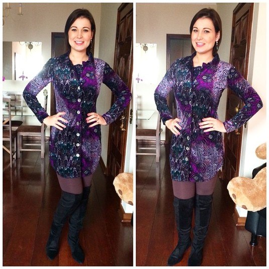 A bota acima do joelho foi combinada com uma meia-calça e um vestido de manga comprida. Perfeito para enfrentar o frio + Veja também: Eu Sobrevivi: obsessão pelo corpo perfeito deixa Andressa Urach entre a vida e morte