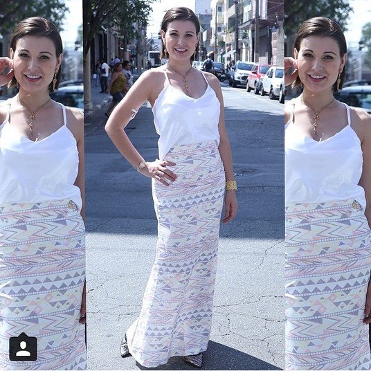 Vestido/saia Andressa adora as peças. Muitas vezes, ela prefere o comprimento mais longo, mas não descarta as outras possibilidades 