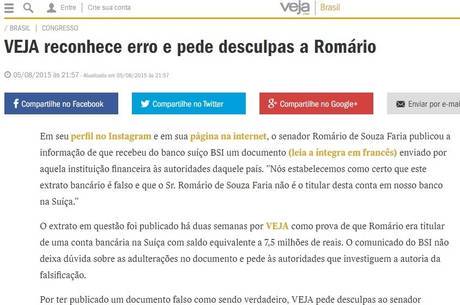 * Revista Veja reconhece erro e pede desculpas a Romário.