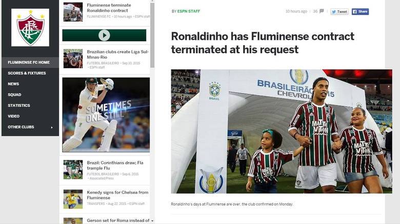 No Reino Unido, a ESPN falou sobre a quebra de contrato (mais uma!) de Ronaldinho Gaúcho com o Fluminense