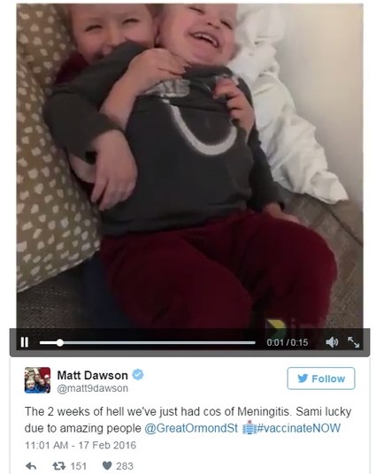 Após a morte de Faye, seus pais publicaram um texto no Facebook pedindo que a vacina fosse disponibilizada pelo governo. O texto rapidamente viralizou nas redes sociais, fazendo com que outras famílias que também têm crianças que sofrem de meningite compartilhassem suas histórias