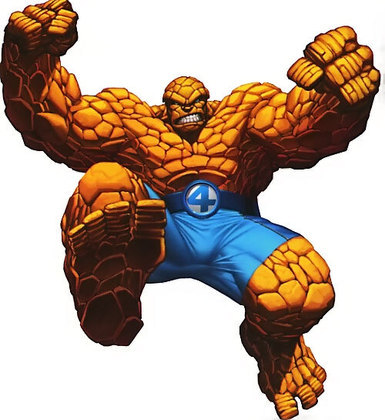 12.º Lugar: Coisa (O Quarteto Fantástico - 1961). Mais um integrante do universo Marvel, de corpo rochoso e força descomunal, O Coisa é descrito como um dos fundadores de um dos quartetos mais famosos no mundo dos super-heróis. 