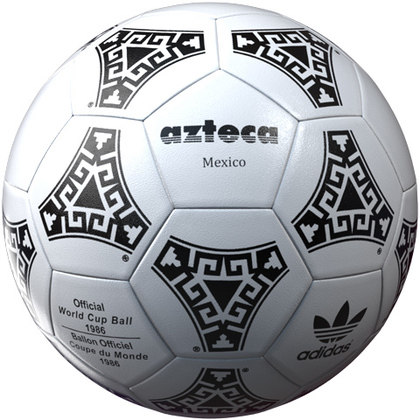 1986 - A Azteca ganhou um desenho inspirado na cultura milenar dos mexicanos e teve de ser adaptada para a altitude. A Adidas aumentou sutilmente o peso da bola para que ela não ficasse tão leve.