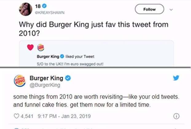 2- Mais uma jogada de marketing do Burger King. A empresa começou a curtir Tweets do ano de 2010 de grandes influenciadores. 